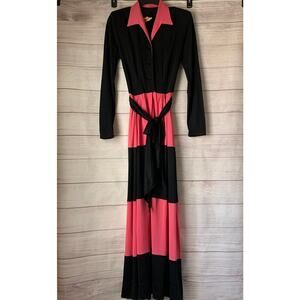 Vintage Original Paulette of Chicago Black and Pink Long Maxi Dress Tie Belt